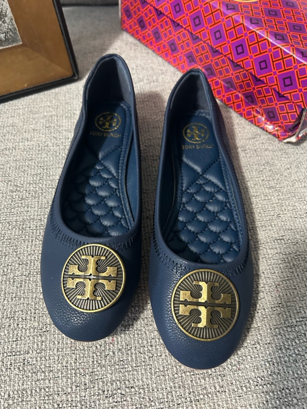 Navy Leather Ballet Flats with Gold Logo Medallion Shoes